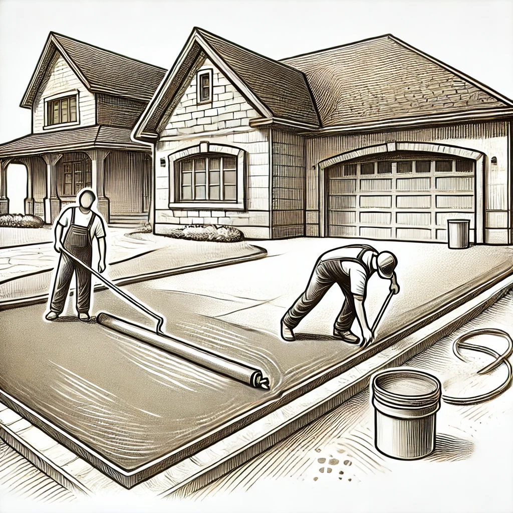 Two men working on a concrete driveway